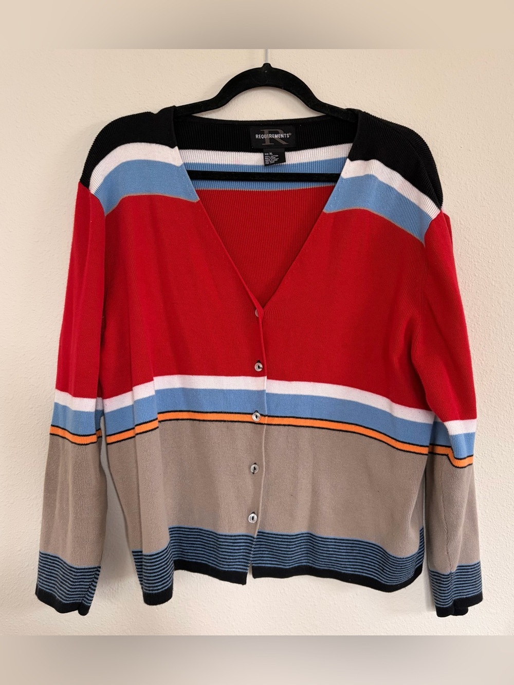Vintage Requirements 100% Cotton Red & Tan Striped V-Neck Button Sweater